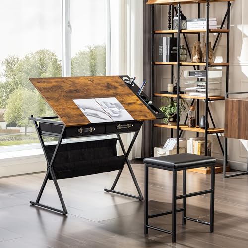 VECELO Drafting Table Art Desk Art Table Adjustable Drawing Table Tilted Tabletop with 2 Storage Drawers and Stool, Drawing Desk for Artist Painters Drawing, Crafting, Reading, Writing, Rustic Brown - Image 3