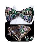 Hi-Tie Pre-Tied Bowties for Men Silk Bow Ties and Pocket Square Cufflinks Set Mens Wedding Party Formal,Muti-Green Paisley