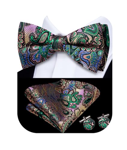 Image of Hi-Tie Bow Ties for Men Pre-Tied Pocket Square with Cufflinks Mens Bowtie Sets for Wedding Formal Party