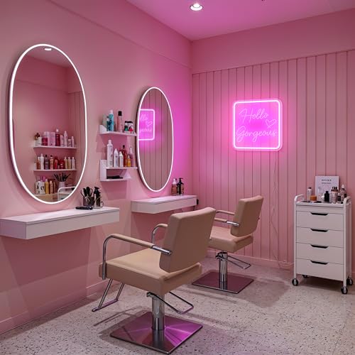 Image of Hello Gorgeous Neon Signs for Wall Decor,Pink Led Neon Sign for Teen Girls Dimmable Led Sign Lights for Aesthetic Room Girls Bedroom Decor, Beauty Salon,Party