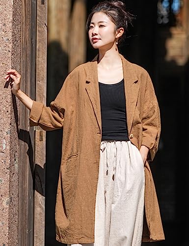 NFYM Women's Linen Long Blazers Notch Lapel Open Front Button Casual Loose Suit Coat Jackets with Pockets2