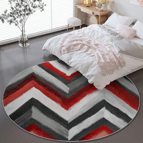 Alfombra Redonda para Sala de Estar - Minimalista Espiga Geométrico Lavable a Máquina Antideslizante Alfombra Redonda 90 cm, Gris Rojo Alfombras para Dormitorio Pasillo de Entrada