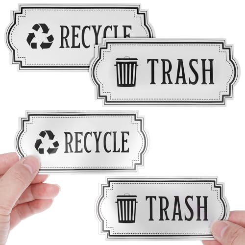 Macuezu 4 PCS Recycle and Trash Stickers, 4.72" X 2.2" Small Self-Adhesive Vinyl Recycling Bin Label Stickers for Indoor/Outdoor Trash Bins Home Kitchen Office Garbage Can