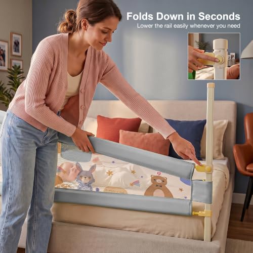 Image of BAYBEE Baby Bed Rail Guard (200x80cm) | Bed Railing for Baby Safety with 28 Height Adjustable Bedside Protector for Babies Falling | Foldable Bed Safety Guard for Kids (1 Side, (Light Grey)