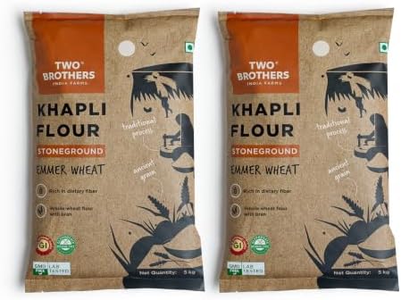 Two Brothers Khapli Wheat Flour (10kg) | Low-Gluten Wheat Flour | High Dietary Fiber for Easy Digestion | Stoneground Emmer | Khapli Atta | Glyphosate Free