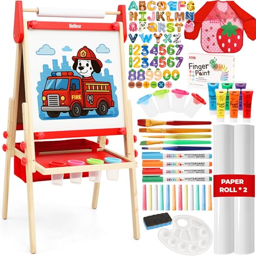Belleur All-in-One Art Easel for Kids Adjustable Double Sided Easel for Toddlers with Magnetic Whiteboard & Dry-Erase Chalk Board & Paper Roll Child Painting Easel for Kid 2-8 Birthday Gift - Red