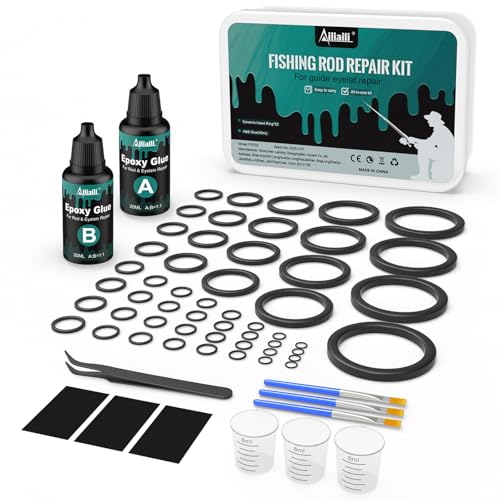 ailiaili Fishing Rod Repair Kit Fishing Pole Eyelet Repair -13 Sizes 52Pcs Ceramic Guide Rings for Replacement Rod Tip Accessories & Gear | High-Hardness | Low-Friction/w A&B Epoxy Glue Tweezer