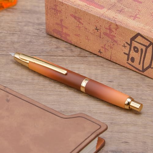 Image of Jinhao 10 Press Fountain Pen with Box, Caramel Orange Gradient Retractable Medium Nib with Ink Converter Set (Golden Clip)