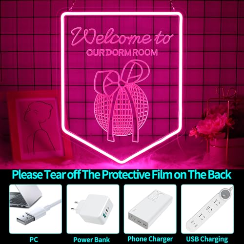 Image of Neon Sign Welcome To Our Dorm Room, JGHTURIE Bow Neon Signs for Wall Decor Art Carving Design Pink Light up Preppy Girls Room Decor for Club Party Event Decoration USB Powered