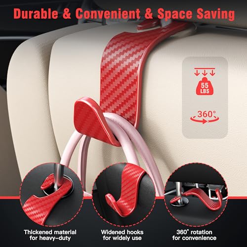 Image of 4-Pack Car Headrest Hooks Holds 55lbs Seat Storage Organizer for Bags | Durable ABS Material, 360 Rotating, Car Hanger for Backpack Umbrella Water Bottle Coat Handbags Groceries, Checkered Red