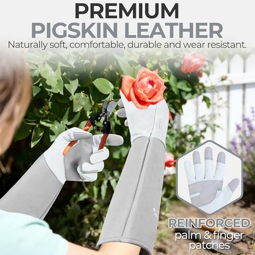 Image of HANDLANDY Rose Pruning Gloves for Men Women, Thorn Proof Gardening Gloves | Long Leather Gardening Gloves, Breathable Leather Gauntlet, Best Garden Gifts & Tools for Gardener (Silver Gray, M)