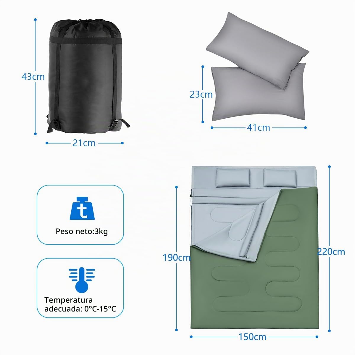 SOARS Saco de Dormir Doble para 2 Personas con 2 Almohadas y Bolsa de Transporte, Impermeable de Invierno para Adultos, para Camping al Aire Libre