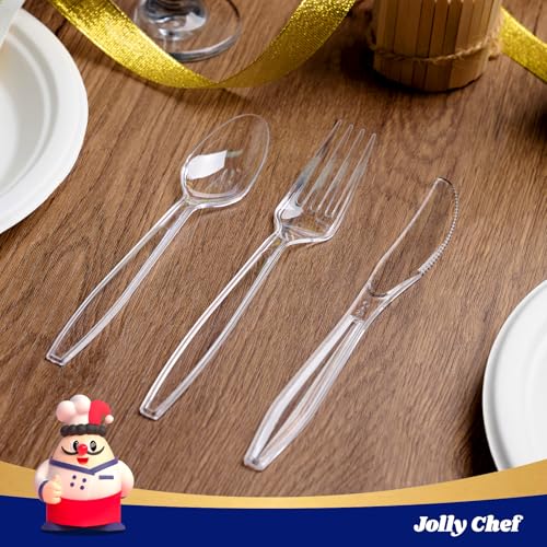 JOLLY CHEF 360 Count Heavy Duty Clear Plastic Silverware-180 Forks, 120 Spoons, 60 Knives, Heat Resistant Disposable Utensils Set, Clear Plastic Cutlery Set for Parties, Events, Everyday Use - Image 5