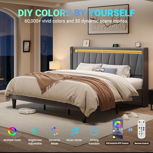 Image of Allewie King Size LED Bed Frame with Charging Station, Velvet Upholstered Platform Bed with Geometric Wingback Headboard, Modern Frame with No Box Spring Needed, Easy Assembly, Grey