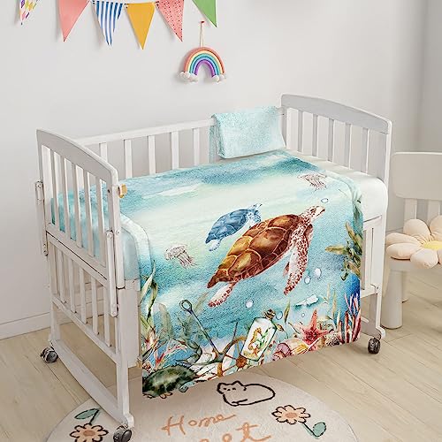 Image of Crib Bedding Set,3pcs Nursery Crib Bedding with Comforter Crib Sheet & Crib Skirt,Brown Blue Turtle Marine Life Nursery Bedding for Baby Boys and Girls(Turtle2)
