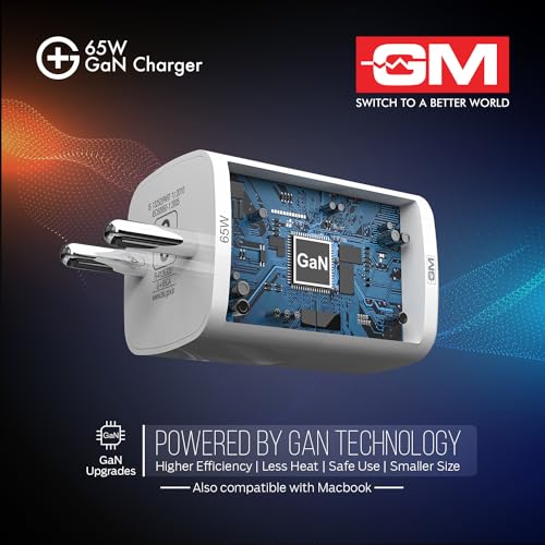 Image of GM G+ 65W Mobile Fast Charging Adapter | GaN Technology | 2 USB Port - Type C & A | Compatible with Iphone 16, 15, 14, Samsung, Type C Laptops, MacBook, Dell, HP, ASUS | BIS Certified PD Charger