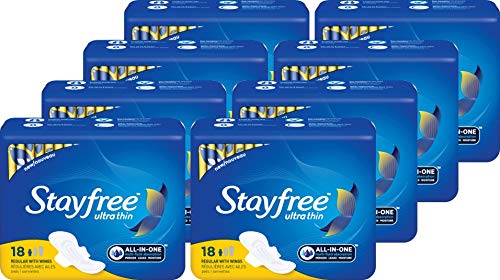 Stayfree Stayfree Ultra Thin Pads with Wings, Regular, 18 Count, Pack of 8, 18 Count (Pack of 8), 18 Count