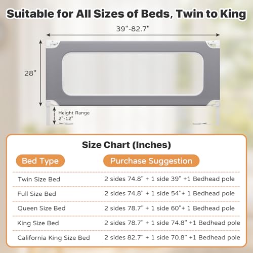 Image of MagicFox 3 Piece King Size Bed Rail for Toddlers, Upgraded Height Adjustable Baby Bed Rail Guard, Thickened Child Safety Bed Rails for King Size Beds (78.7 inchx78.7 inchx74.8 inch Gray)