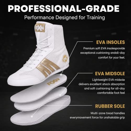 Image of RXN Gold Medal Boxing Shoes for Men | Lightweight High Top Boxing Boots with Anti-Slip Non-Marking Rubber Sole | Breathable Mesh Upper | Training, Sparring & Competition Boxing Shoes