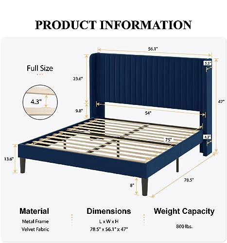Image of SHA CERLIN Full Size Velvet Bed Frame, Tufted Wingback Headboard, Blue | 47'' Modern Vertical Channel Headboard, Upholstered Platform Bed, Wood Slats, No Box Spring Needed, Easy Assembly, Noise Free