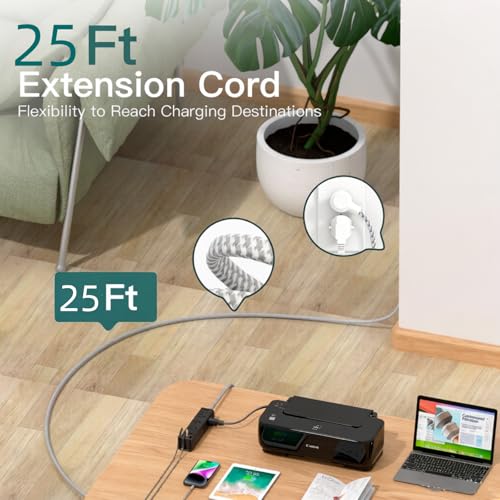 Image of 25FT Extra Long Extension Cord, Power Strip with 12 AC Outlet & 4 USB Ports | Flat Plug, 1050J Surge Protector, Wall Outlet Extender for Home Office Garage Workshop Gaming Desk Setup, ETL Listed