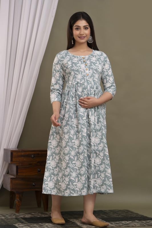 Image of Women's Pure Cotton Printed Maternity Gown /Maternity wear /Feeding Gown A-line Maternity Feeding Dress Maternity Kurti Gown for Women