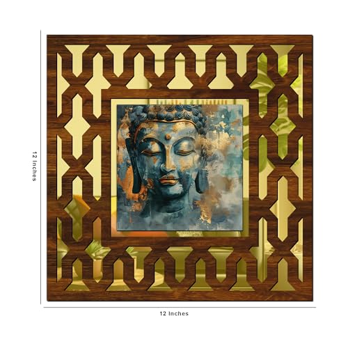 Image of Wooden Buddha Art Mirror Wall Decor Panel for Home Decor Living Room Bed Room Office (AD2, 12X12 Inches, Set of 2)