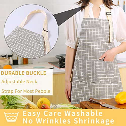 Image of Tosewever 2 Pieces Kitchen Cooking Aprons, Waterproof Linen Adjustable Bib Aprons with 2 Pockets for Women Men Chef (Grey Stripes /Plaids, 2)