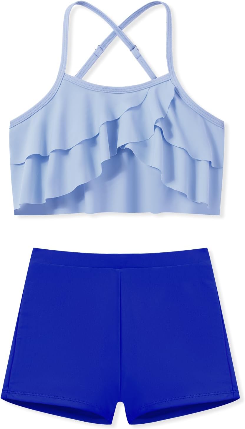 Girl Swimsuits Adjustable Ruffled Bathing Suit Top and Boyshort 2 Piece Swimsuit Tankini Sets for Girls 7-16Y