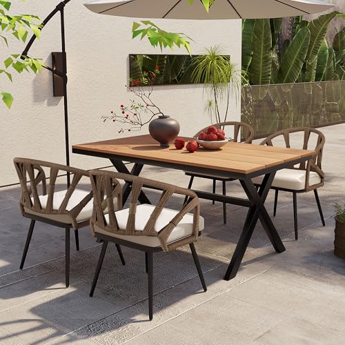 PE Rattan & Plastic Wood Outdoor Dining Set - Contemporary Patio, Garden Furniture (Brown)