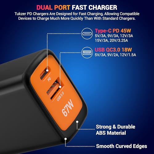 Image of Tukzer 67W Dual Port GaN3 Ultra 7X Faster Charger(Type C PD3.0 & USB QC3.0) Adapter for iPhone 17 /17 Plus /17 Pro /17 Pro Max, iPhone 16 /16 Plus /16 Pro /Max,15 /14 /13 /12 Series,Samsung,MacBook,Laptops-WHI