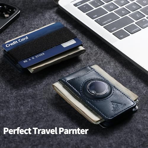 Image of Slim Magnetic Money Clip Wallet for Men with Airtag Holder & Elastic Band, Leather Card & Cash Holder for Men, Blue, Slim, Ultra Slim Design