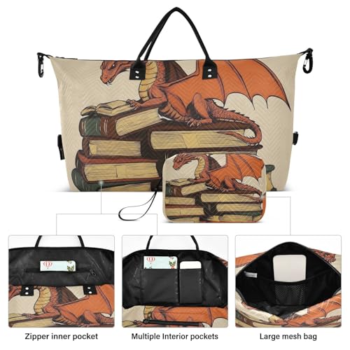 Travel Duffel Bag Orange Dragon Books Gym Bag Sports Tote Bag with Multiple Interior Pockets Shoulder Weekender Bag for Women Men with Toiletry Bag 20.5”x 7.9”x 13.82