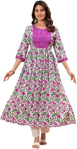 Women's Anarkali Kurti, Floral Print, Yoke Embellishment, 3/4 Sleeves KJ5