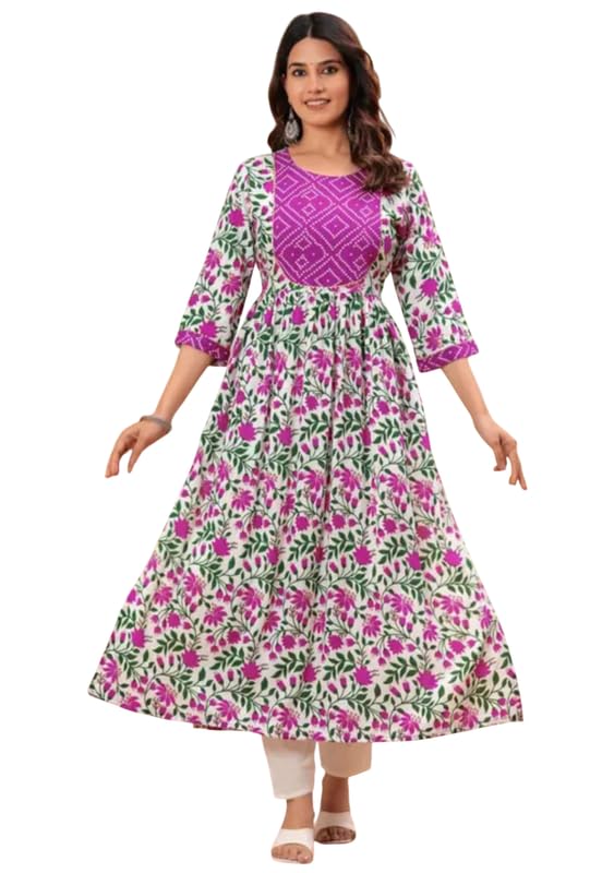 Women's Anarkali Kurti, Floral Print, Yoke Embellishment, 3/4 Sleeves KJ5