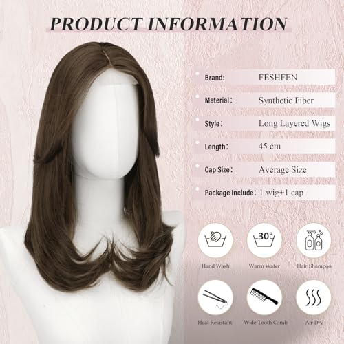 Image of FESHFEN Lace Front Hairline Wigs with Bangs, Synthetic Natural Looking Long Layered Straight Hair Wig for Women Daily Party Costume, 18 inch Medium Brown