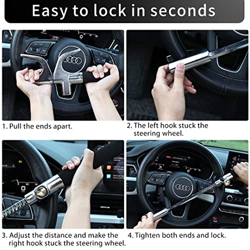 Steering Wheel Lock, Retractable Steering Lock, Universal Car Lock, Anti-Theft Device, For Auto/Truck/Suv/Van, With 3 Keys, Escape Hammer, 2 Hooks, Brush Kit #TOP3