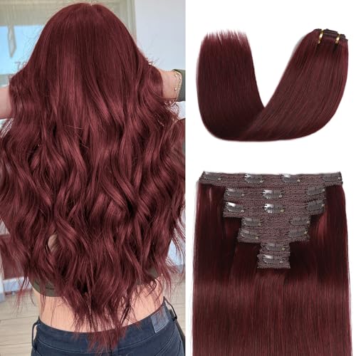 Mocona Clip in Hair Extensions Real Human Hair, Burgundy Red – 12 Inch 7pcs 70g/Pack, Soft Hair Extensions Real Human Hair Clip ins Straight for Women, Capable for all Occasion (99J 12 Inch)