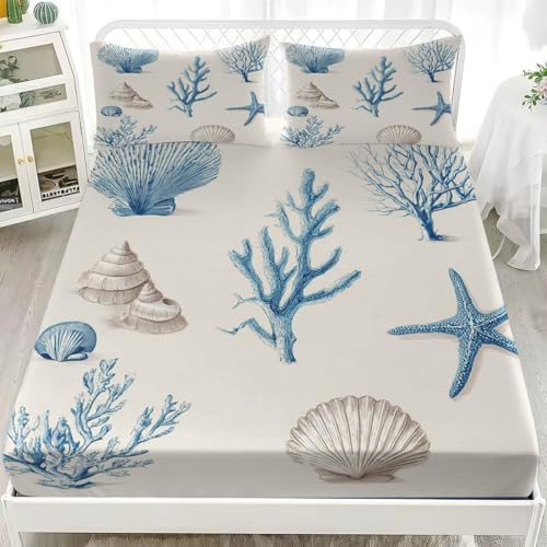 Spannbettlaken Bettlaken Set 120x200 cm, Hellbeige Spannbetttuch Weiche Atmungsaktiv Microfaser für Kinder Erwachsener, Illustrationen Zum Thema Meer Spannbetttücher für bis 5-30 cm Matraze