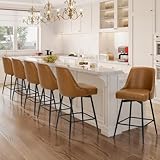 COLAMY Bar Stools Set of 6, 26' Swivel Counter Height Chairs with Back,Thick Padded Seat & Footrest,Modern Faux Leather Barstool for Kitchen Island,Dining Room,Pub,Brown
