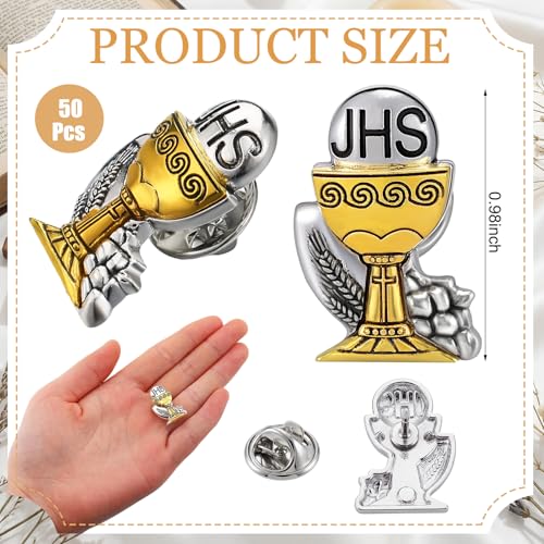 Image of Hoteam 50 Pcs First Communion Enamel Lapel Pins Bulk Chalice with Grapes and Wheat Gold Plated Religious Pins Gifts for First Holy Communion Catholic Baptism Christian Memorial Favors