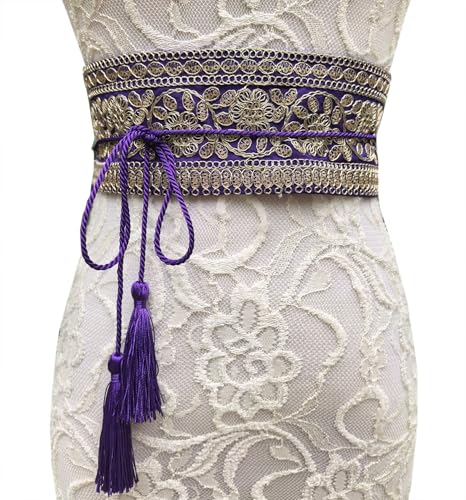 FANFAN Mexican Embroidered Belt for Women Ethnic Gold Belt Line Royal Blue Purple Adjustable Belt Boho Tassel Belt Wedding E5