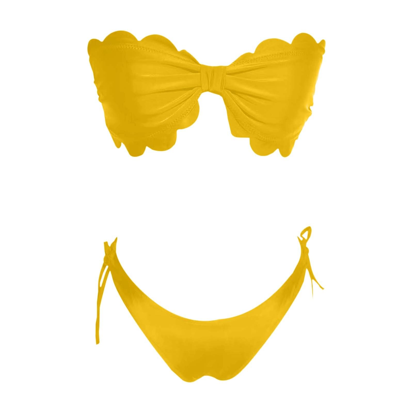 Damski Zestaw Bikini Typu Bandeau Z Marszczonymi Krawędziami I Odpinanymi Ramiączkami Dwuczęściowy Strój Kąpielowy Na Plażę Basen, Żółty, L