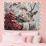 NATSUNO Christmas Santa Reindeer Tapestry, Christmas Wall Tapestry for Bedroom, Vintage Winter Xmas Santa Reindeer Tapestries Wall Hanging for Home Bedroom Living Room Decor, 50x60 Inches