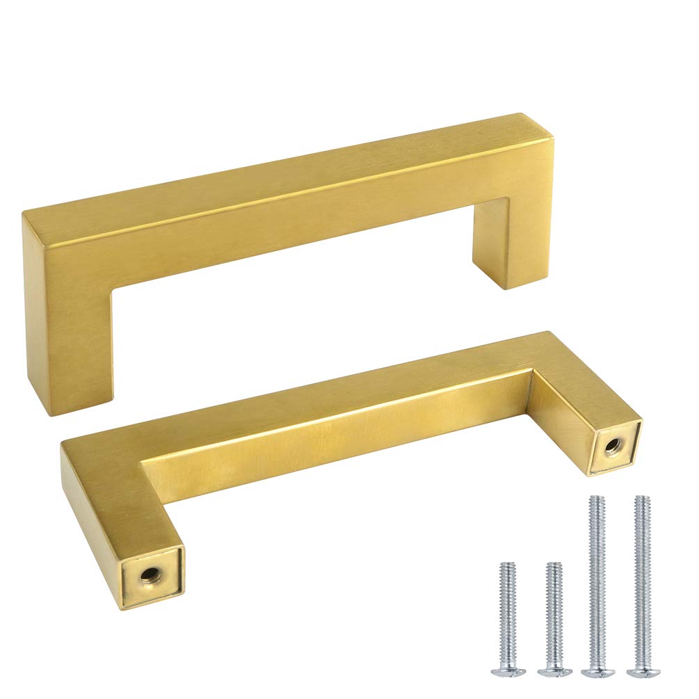 Kasten 20 Pack 4-1/4" Brushed Brass Square Cabinet Pulls Modern Stainless Steel Stain Gold Drawer Handles for Kitchen and Home Depot KSZ3GD 4-1/4" Length, 3-3/4" Hole Center
