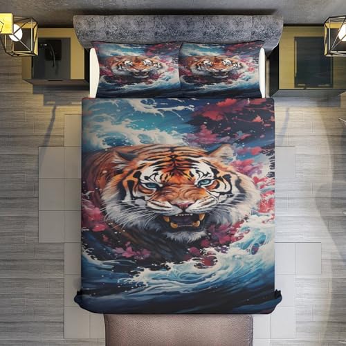 Housse de couette tigre 200x200 cm en microfibre de coton doux pour lit double