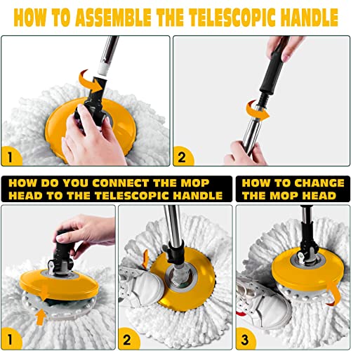 8L Spin Mop And Bucket With Wringer Set,Foot Pedal Upright Washing Bucket System Self-Wring Adjustable Floor Mop With 5 Microfiber Pads For Home Office Kitchen,Extra 1 Floor Brush #TOP6