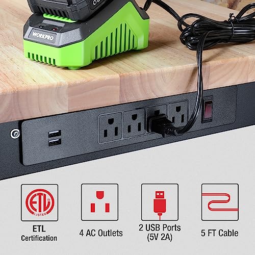 Image of WORKPRO 72 inch Adjustable Workbench, 3000 LBS Load Capacity Hardwood Garage Workbench with Power Outlets, Rubberwood Top Heavy-Duty Workstation for Workshop, Garage, Home