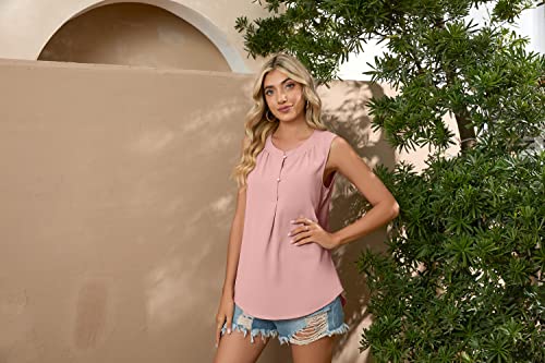 Bettysays Work Blouses For Women Chiffon Sleeveless Button Round Neck Loose Casual Summer Tank Tops (X-Large, Pink) #TOP2