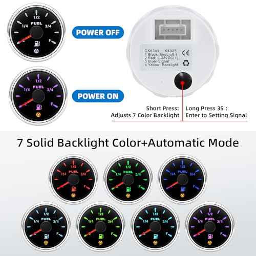 MH Fuel Gauge 240-33/0-90/0-190ohm/10-180/240-30ohm 7 Color Boat Marine Fuel Tank Level 13% Low Warning AUTO Gauge for Car Truck (Black and Silver)